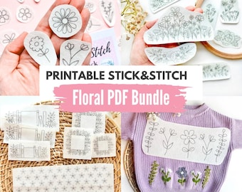 Flower Printable Stick and Stitch BUNDLE, Hand Embroidery Print and Stitch Download, PDF Embroidery Digital, Stick and Stitch Printables