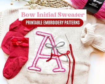 PDF Embroidered Bow Sweater, Digital Letter Stick and Stitch Embroidery Bow Alphabet Pattern, Initial Embroidered Knit Sweater PDF Templates