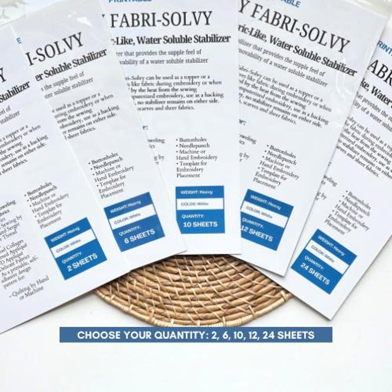 Choose your own quantity of sulky stabilizer to print yourself at home. Choice of 2, 6, 10, 12, or 24 sheets.