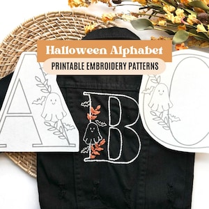 Pacote de letras de bordado à mão do alfabeto de Halloween, bordado à mão, impressão inicial, bordado digital personalizado, bastão e ponto