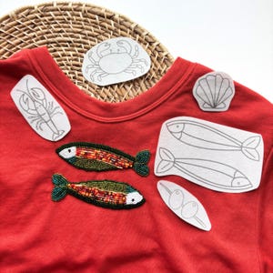 Fish Stick and Stitch Hand Embroidery Design, Fisherman Aesthetic Embroidery, Coastal Stick Stitch Bead Embroidery Patterns, Olives, Lobster image 2