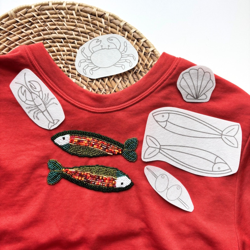 Fish Stick and Stitch Hand Embroidery Design, Fisherman Aesthetic Embroidery, Coastal Stick Stitch Bead Embroidery Patterns, Olives, Lobster image 2