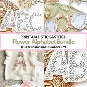 Pacote de bordados à mão com alfabeto, padrões de bordado para download, suéter de bebê faça você mesmo, suéter bordado com ponto e flor para impressão