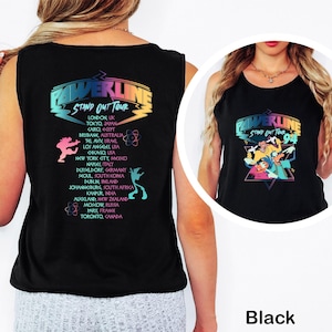 May include: Black tank top featuring the text "PAWERLINE STAND OUT TOUR" in a colorful, retro font. The back of the tank top lists tour locations. A circular image on the right shows a cartoon graphic with the text "94".