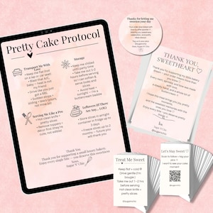 May include: A digital tablet displays a "Pretty Cake Protocol" guide with instructions for cake care, storage, and serving. Accompanying cards read "Thank You, Sweetheart" and "Treat Me Sweet," along with a QR code for social media.