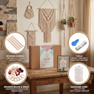 Kit de macramé para adultos principiantes: 1 macramé de pared + 2 colgadores de macramé + llavero de macramé - 127 piezas con cordón de macramé de 3 mm de 165 yardas. imagen 5