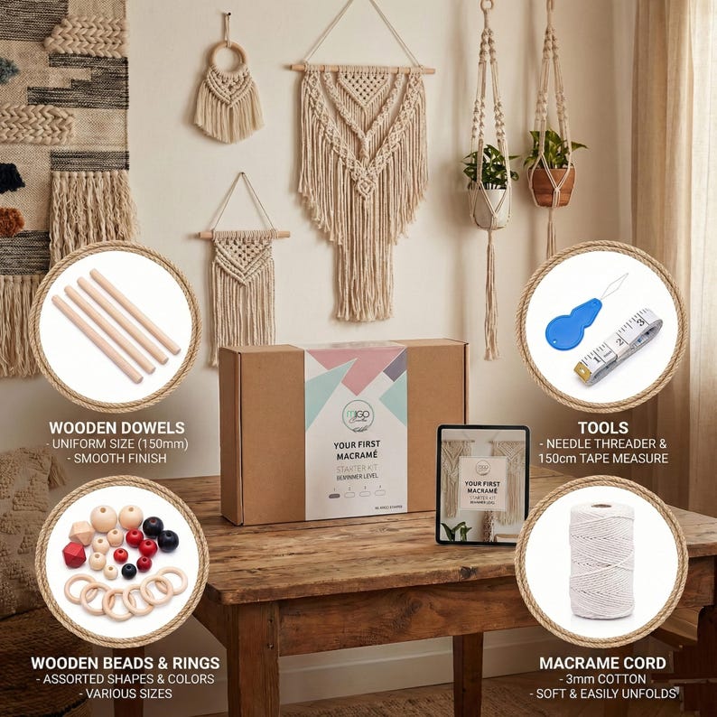 Kit de macramé para adultos principiantes: 1 macramé de pared + 2 colgadores de macramé + llavero de macramé - 127 piezas con cordón de macramé de 3 mm de 165 yardas. imagen 5