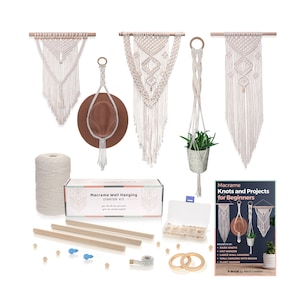 DIY Macrame Kit for Adults Beginners: 2 Wall Macrame 1 Macrame Plant Hanger Macrame Hat Holder 58pcs with 220 yard 3mm Macrame Cord. image 1