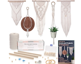 DIY Macrame Kit for Adults Beginners: 2 Wall Macrame + 1 Macrame Plant Hanger + Macrame Hat Holder - 58pcs with 220 yard 3mm Macrame Cord.