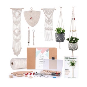 DIY Macrame Kit for Adults Beginners: 1 Wall Macrame + 2 Macrame Plant Hanger + Macrame Keychain - 127pcs with 165 yard 3mm Macrame Cord.