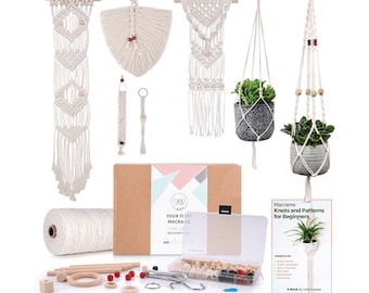 DIY Macrame Kit for Adults Beginners: 1 Wall Macrame + 2 Macrame Plant Hanger + Macrame Keychain - 127pcs with 165 yard 3mm Macrame Cord.