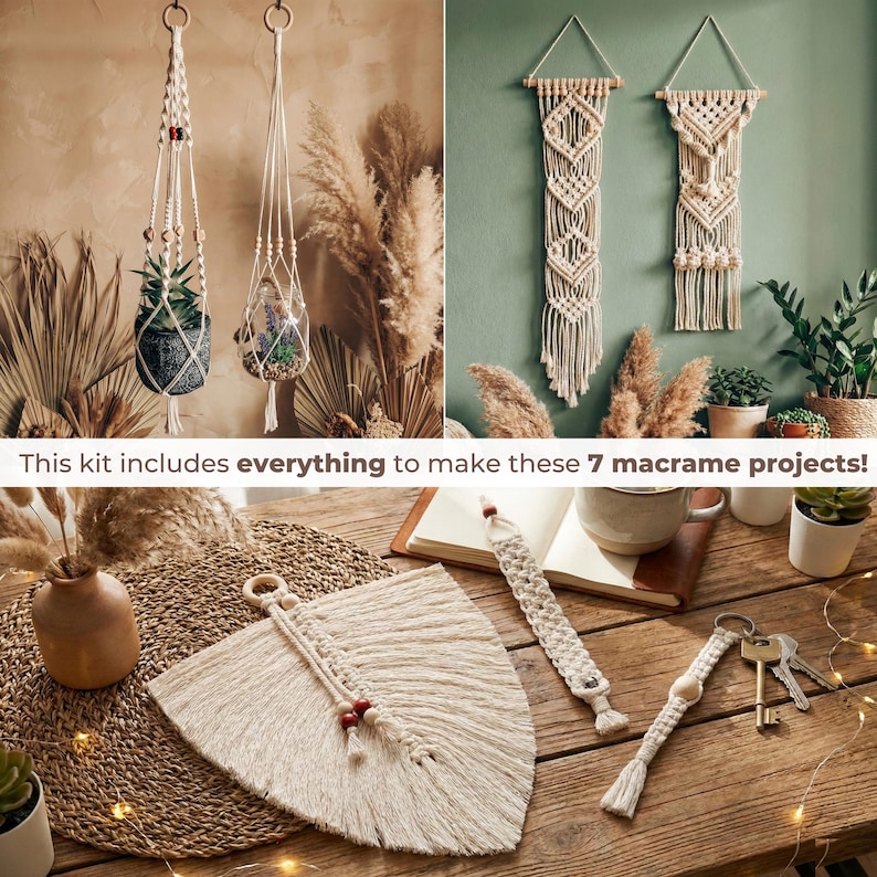 Kit de macramé para adultos principiantes: 1 macramé de pared + 2 colgadores de macramé + llavero de macramé - 127 piezas con cordón de macramé de 3 mm de 165 yardas. imagen 3