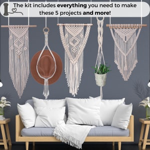 DIY Macrame Kit for Adults Beginners: 2 Wall Macrame 1 Macrame Plant Hanger Macrame Hat Holder 58pcs with 220 yard 3mm Macrame Cord. image 4