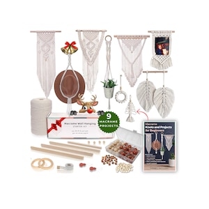 DIY Macrame Kit for Adults Beginners: 2 Wall Macrame + 1 Macrame Plant Hanger + Macrame Hat Holder - 115pcs with 220 yard 3mm Macrame Cord.