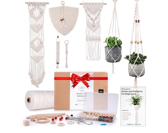 DIY Macrame Kit for Adults Beginners: 1 Wall Macrame + 2 Macrame Plant Hanger + Macrame Keychain - 127pcs with 165 yard 3mm Macrame Cord.