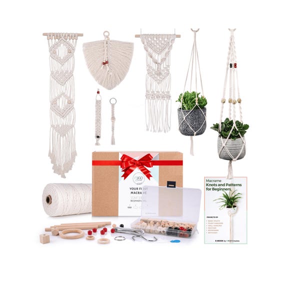 DIY Macrame Kit for Adults Beginners: 1 Wall Macrame + 2 Macrame Plant Hanger + Macrame Keychain - 127pcs with 165 yard 3mm Macrame Cord.