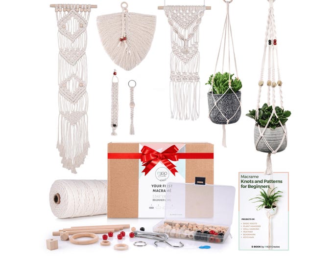 DIY Macrame Kit for Adults Beginners: 1 Wall Macrame + 2 Macrame Plant Hanger + Macrame Keychain - 127pcs with 165 yard 3mm Macrame Cord.