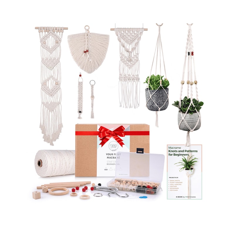 Kit de macramé para adultos principiantes: 1 macramé de pared + 2 colgadores de macramé + llavero de macramé - 127 piezas con cordón de macramé de 3 mm de 165 yardas. imagen 1