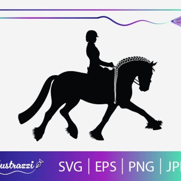 Silhouette de cheval de dressage frison | Fichier de coupe clipart cheval frison | Impression d'art cheval frison pour t-shirts, etc. | Cadeaux cheval frison