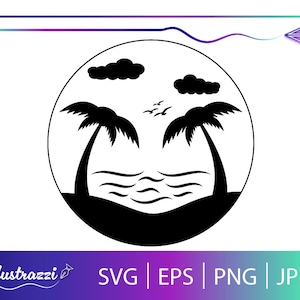 Beach Scene Silhouette SVG Digital Download | Vacation Beach Clip Art | Beach Palm Trees Cricut Cut File | Beach Scene Design For Print