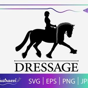 May include: Black silhouette of a horse and rider performing dressage. The text "DRESSAGE" is below the image.