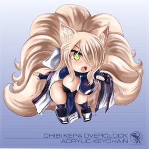 Puede incluir: Un llavero acrílico de estilo anime con un personaje chibi con orejas de zorro y múltiples colas esponjosas. El personaje viste un atuendo azul y blanco. El texto "CHIBI KEPA OVERCLOCK ACRYLIC KEYCHAIN" está en la parte inferior.