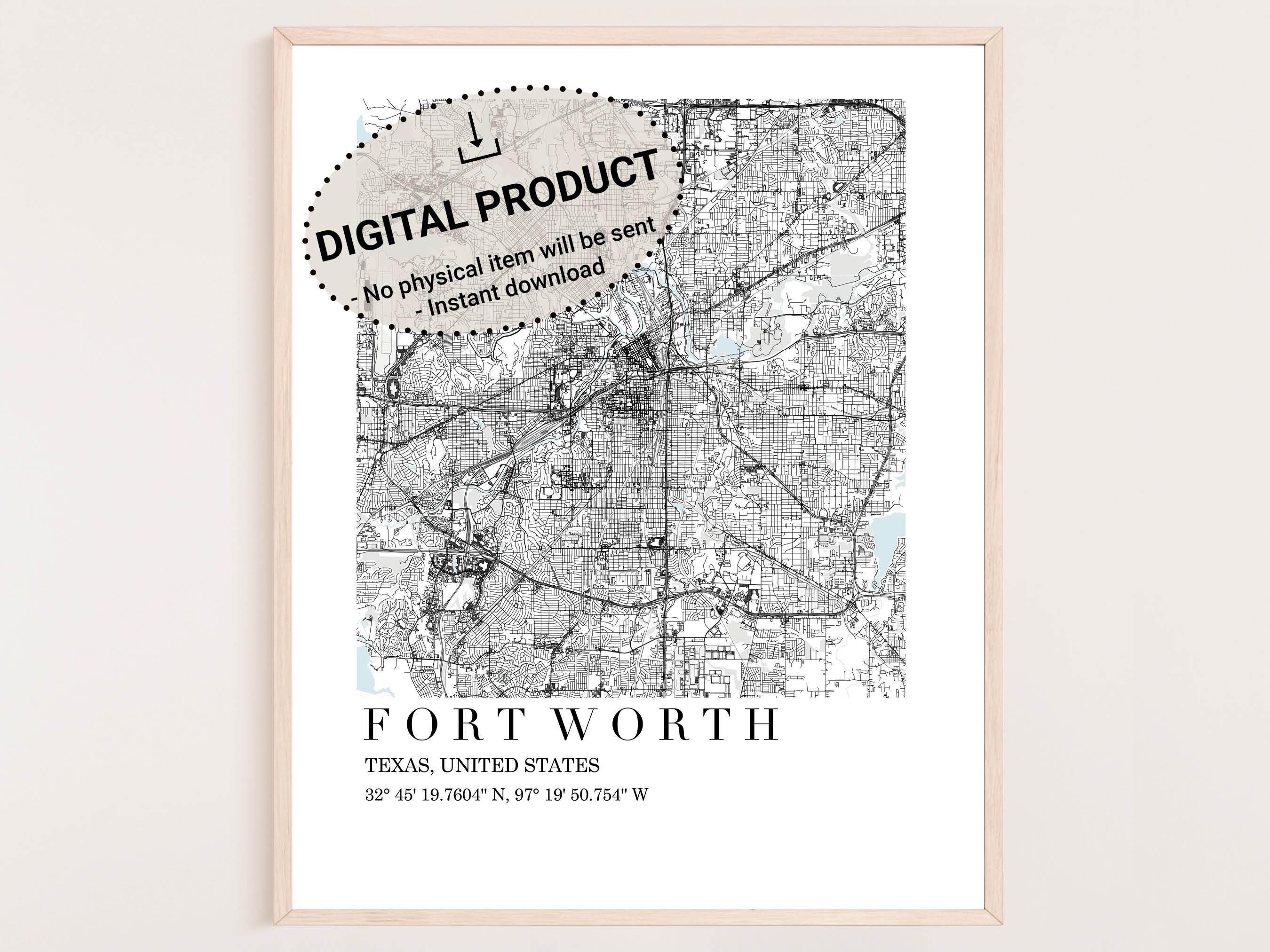 Fort Worth Karte, Fort Worth Karte pdf jpg, Fort Worth Tex Sofortiger Download, Fort Worth Geschenkidee, Printable Fort Worth Texas Stadt Karte Wandkunst