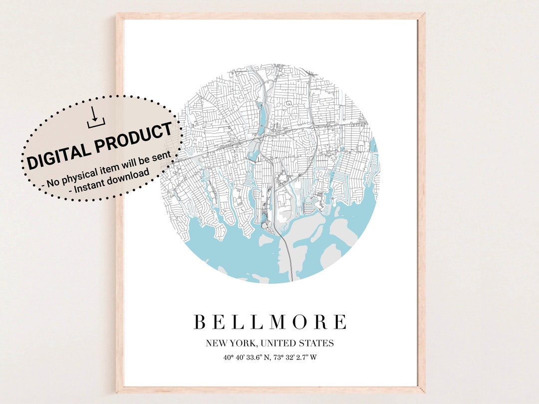 Map of Bellmore NY Digital Download, Map of Bellmore NY, Map of North