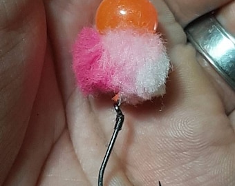 Salmon egg yarnies made with 12mm soft beads, tubing and yarn. Fish just like corkies for Steelhead trout and Salmon. Secret weapon!