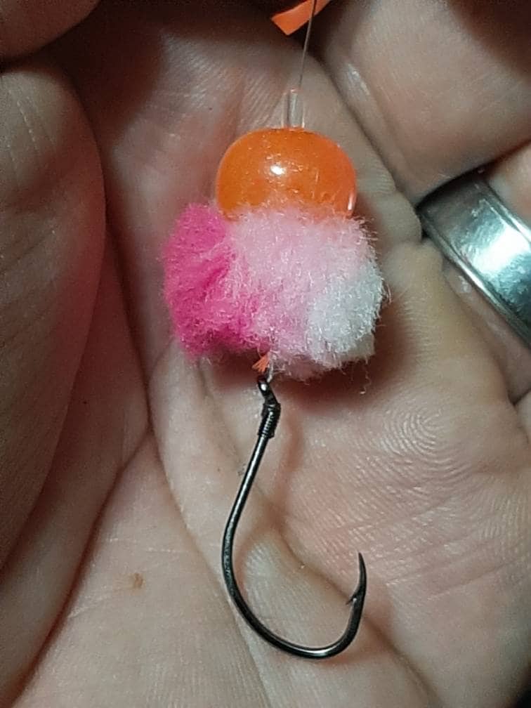 Salmon egg yarnies made with 12mm soft beads, tubing and yarn. Fish just like corkies for Steelhead trout and Salmon. Secret weapon!