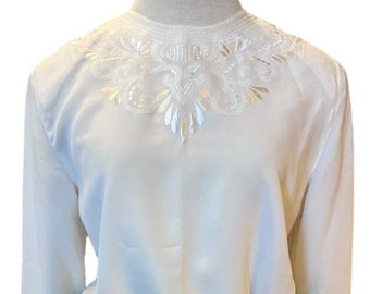 Retro Susan Hutton Embroidered Jewel Neck Blouse Size 8 Petite Cream Long Sleeve