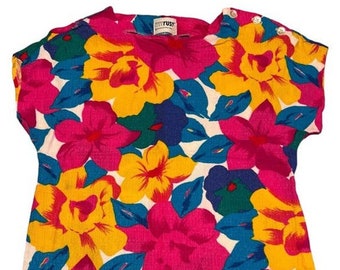 Vtg 80s Cap Sleeve Floral Hawaiian Button Shoulder Blouse Top Shirt Sz S Pink