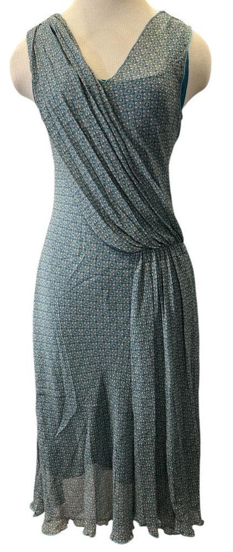 Abito da cocktail in seta vintage Y2K Lapis Anthropologie, taglia M, con stampa a piastrelle, turchese e attillato immagine 1