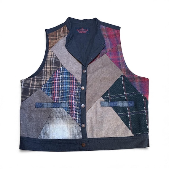 VTG Sacred Threads Wool Patchwork Buttoned Vest M… - image 1