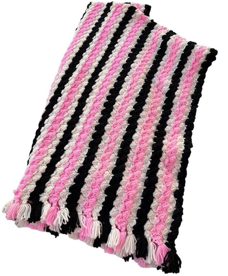 Vintage Crochet Granny Blanket Fringe Coconut Slice Stripe Pink White