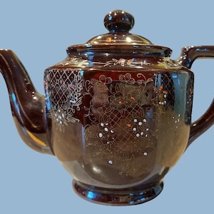 Vtg Hand Painted Japan Ceramic Tea Pot FLAW Brown Orange Retro Granny Decor Art