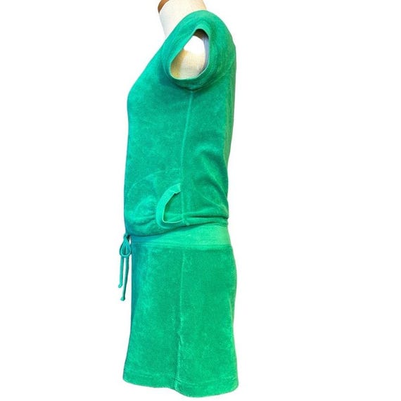 slim fit dress slacks 2000s Y2K JUICY COUTURE Green Cotton Terry Hooded Zip Beach Mini Dress
