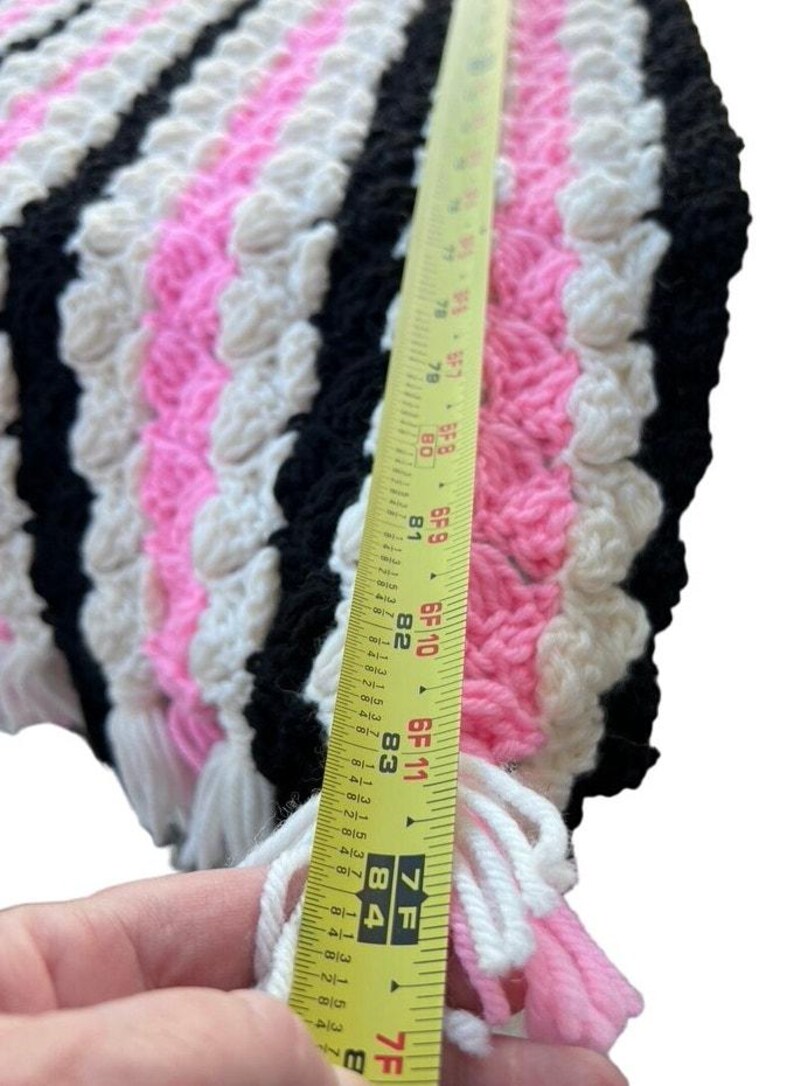 Vintage Crochet Granny Blanket Fringe Coconut Slice Stripe Pink White