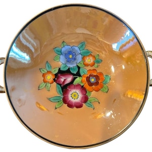 Vtg 20s Noritake Morimura Orange Luster Hand Painted Floral Footed Bowl Compote