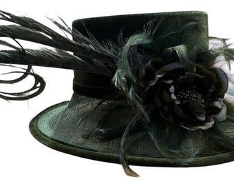 Vtg Plaza Suite Velvet Fancy Hat Green Floral Feathers FLAWS Cosplay Retro Derby