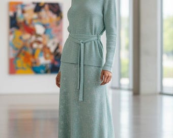 Vtg Metallic Celestial Blouse Rock Set Kleid L XL Mintgrün Silber Glam Retro