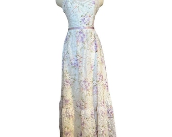 Vtg Floral Print Lace Gown Wedding Dress Bridesmaid 25&quot; Waist White Purple Pink