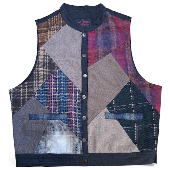 VTG Sacred Threads Wool Patchwork Buttoned Vest M… - image 6