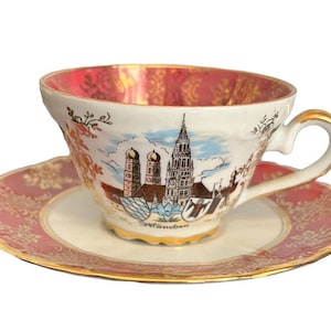 Vintage Kunst-Palette Souvenir Cup Saucer Munchen Munich Germany Pink White Gold