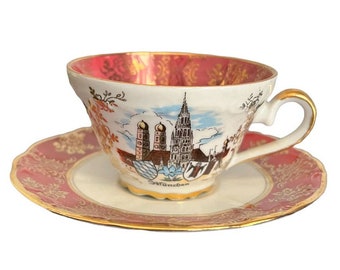 Vintage Kunst-Palette Souvenir Cup Saucer Munchen Munich Germany Pink White Gold