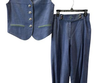 Vtg Alphorn Austria Folk Vest Waistcoat 36 Pants 38 Blue Green German Cottage