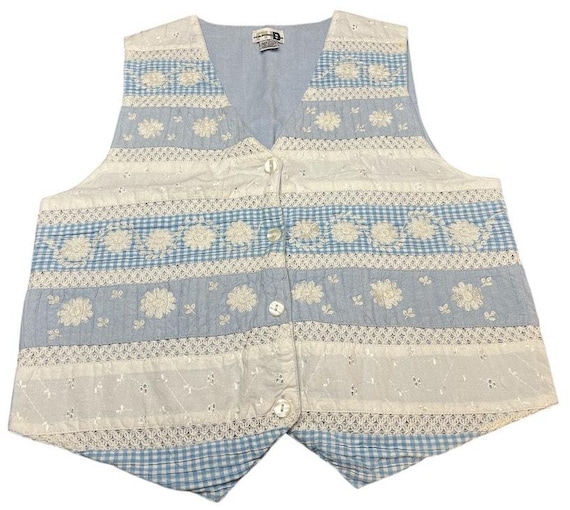 90s Gingham Floral Lace Vest, Cottage Twee Style Size M
