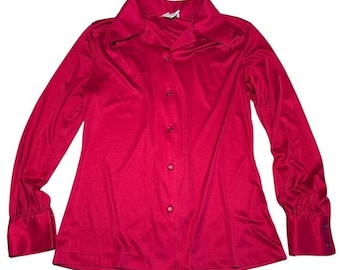 Vintage 70s Spiegel Double Knit Button Front Point Collar Shirt M 36 Red Retro