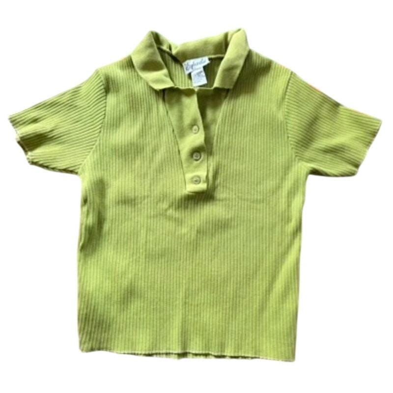 Vtg 90s Y2K 100% Cotton Rib Knit Polo Collared Shirt Top Sz S Lime Green Stretch