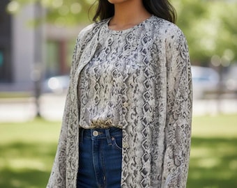 Vtg 100% Silk Snake Reptile Print Blouse Jacket Set Sz M Cream Grey Work Capsule